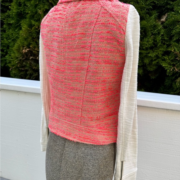Anthropologie Elevenses neon orange ivory sleeves Tweed Knit Jacket SZ 2 - Picture 5 of 8